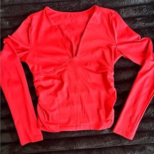 Women's Red V-Neck Long Sleeve Top